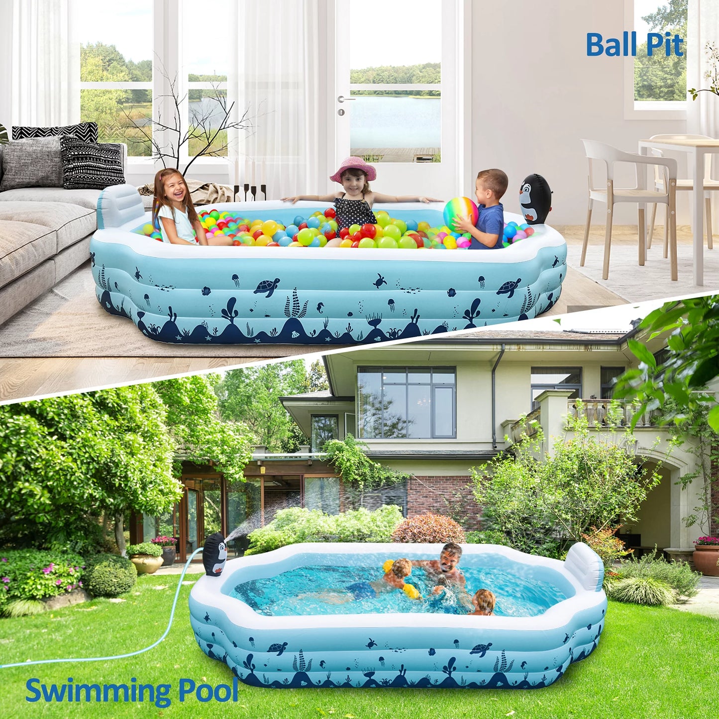 Sebor inflatable pool with seat and sprinkler - 10.3ft x 76'' x 20'' full sized above ground swimming pool for family, adults, and kids - thickened design for backyard, garden, and outdoor fun