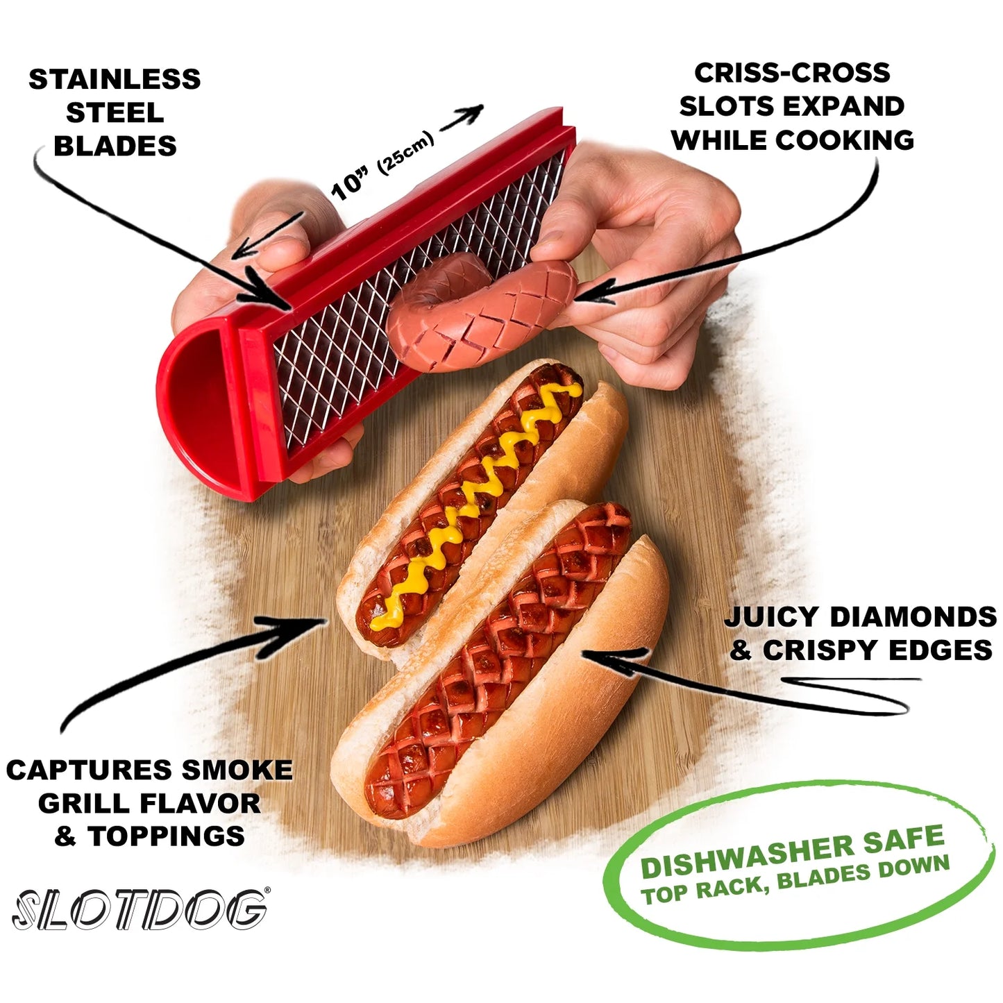 Slotdog - hot dog slicing tool - stainless steel cutter blades for kitchen, grilling, tailgating, camping and backyard outdoor bbq - 10 inch - red