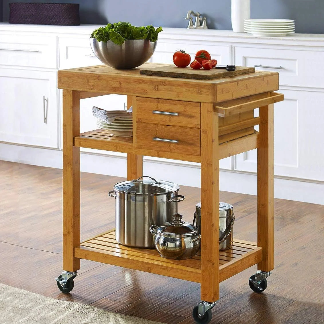 Rolling kitchen island cart with drawers shelves, towel rack, locking casters, butcher block food prepping cart trolley on wheels, bamboo wood