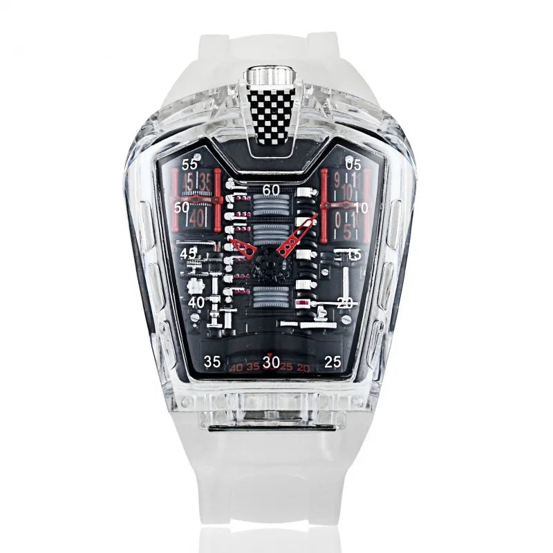 A men's transparent acrylic avant-garde cool racing engine heart quartz battery watch