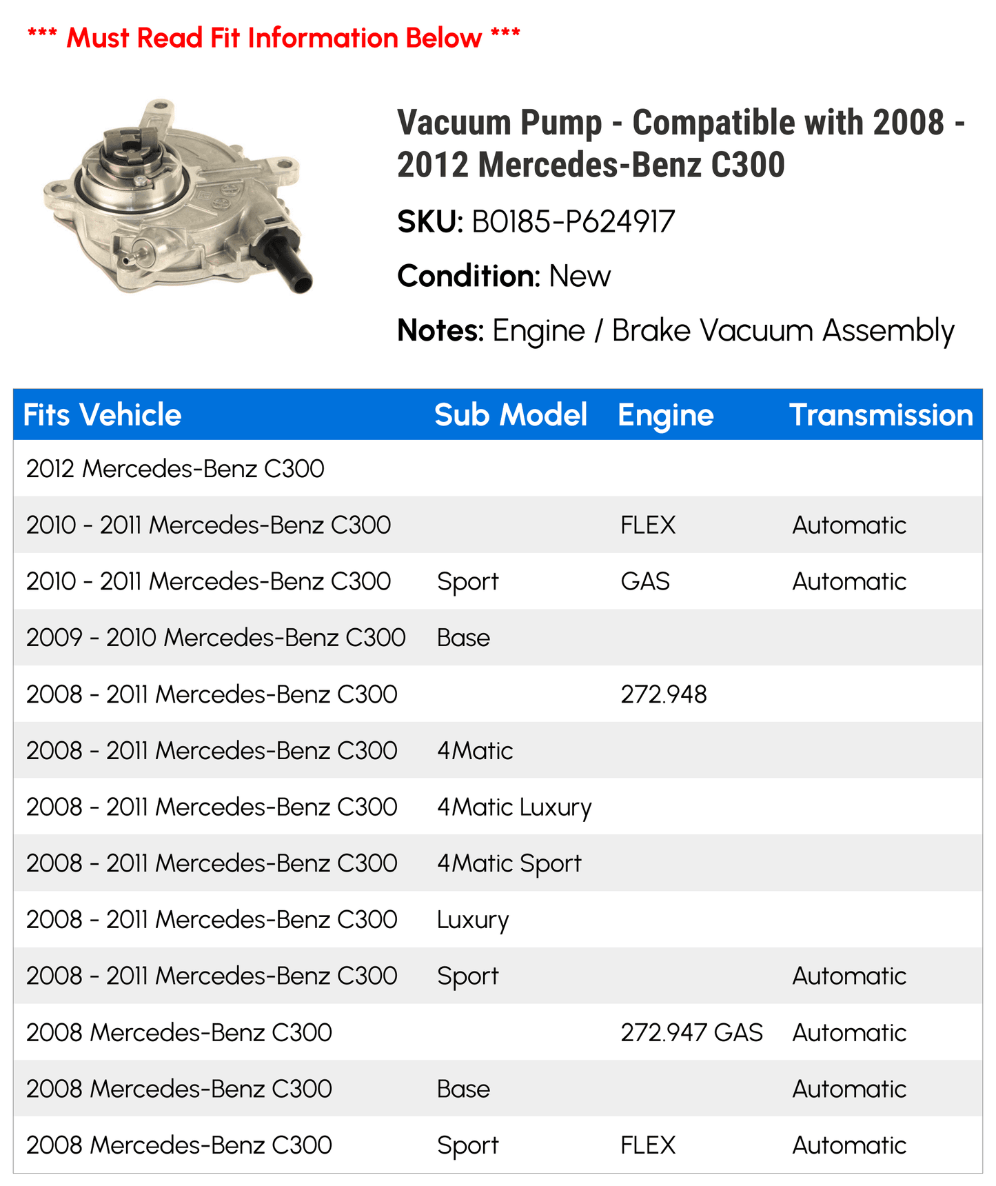 Vacuum pump - compatible with 2008 - 2012 mercedes-benz c300 2009 2010 2011