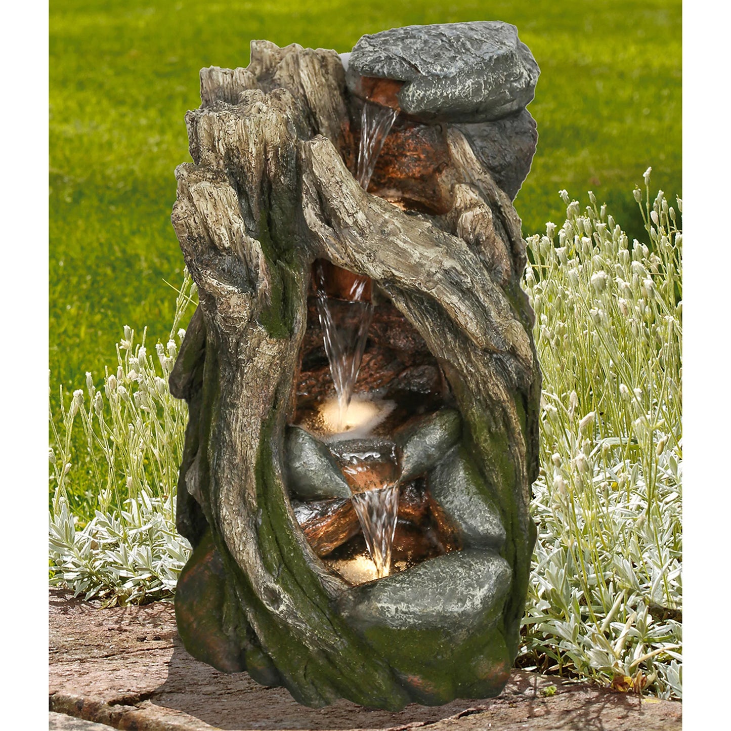 20" led lighted tree trunk waterfall outdoor garden fountain