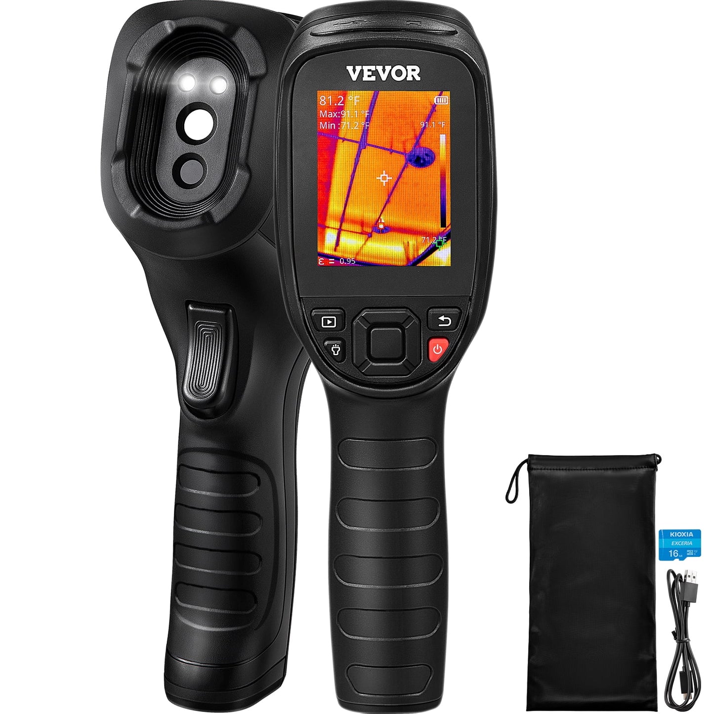 Vevor thermal imaging camera, 240x180 ir resolution (43200 pixels), 20hz refresh rate infrared camera with -4℉~662℉ temperature range, 16g built-in sd card, and rechargeable li-ion battery