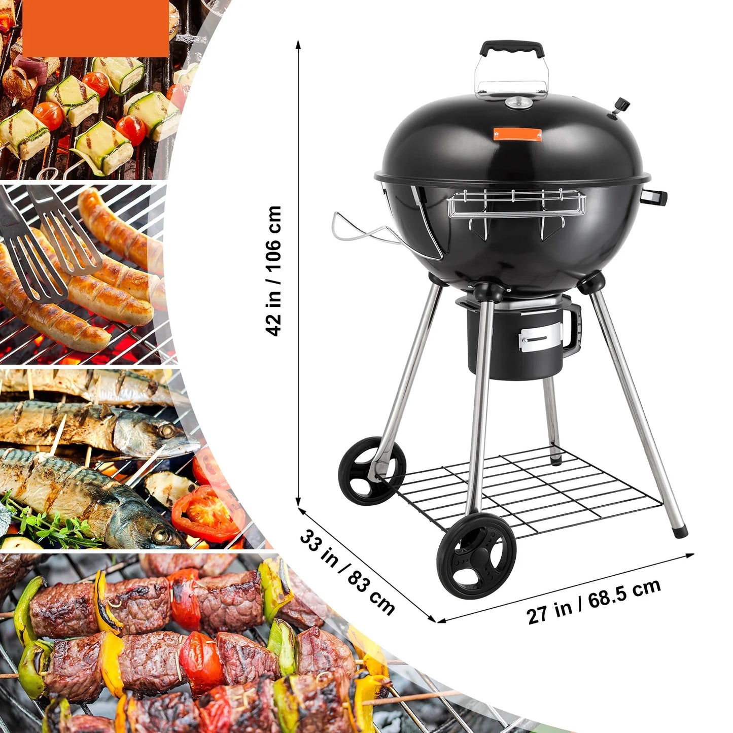 Skyshalo 22 inch kettle charcoal grill outdoor picnic patio barbecue cooking, portable grill propane gas kettle grills w/cover, iron & steel small bbq grill