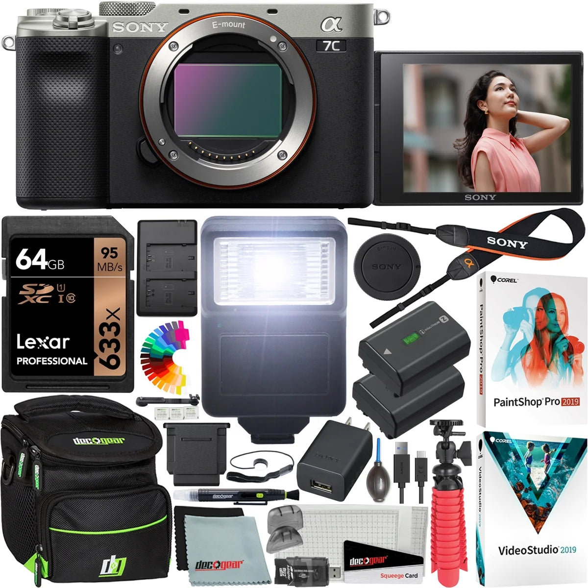 Sony a7c mirrorless full frame camera alpha 7c interchangeable lens body only silver ilce7c/s bundle with deco gear case + extra battery + flash + filters + 64gb card + software kit and accessories