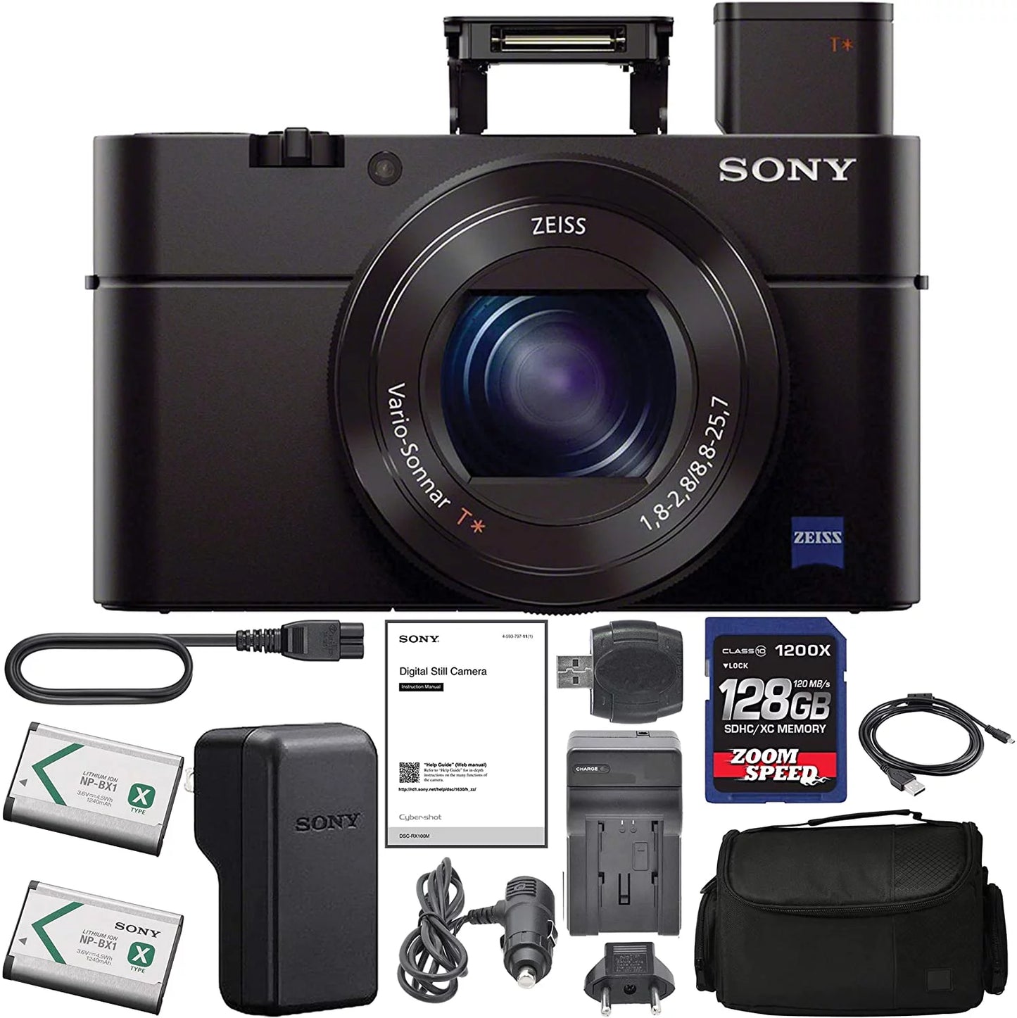 Sony cyber-shot dsc-rx100 iii digital camera (dscrx100m3b) + 128gb aom pro kit combo bundle - international version (1 year aom wty)