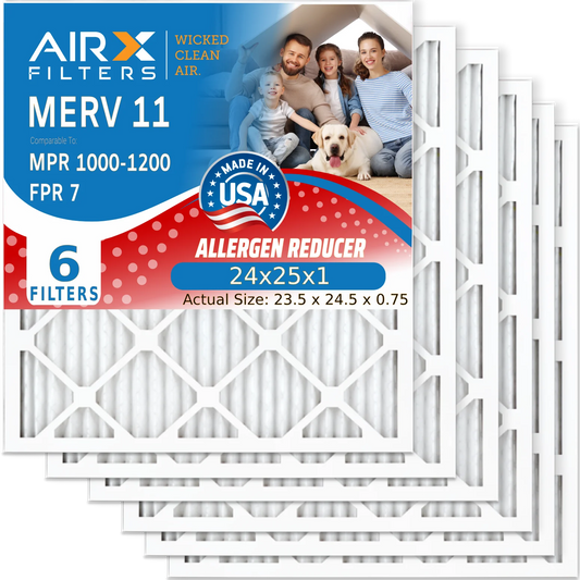 24x25x1 air filter merv 11 comparable to mpr 1000, mpr 1200 & fpr 7 electrostatic pleated air conditioner filter 6 pack hvac premium usa made 24x25x1 furnace filters by airx filters wicked clean air.