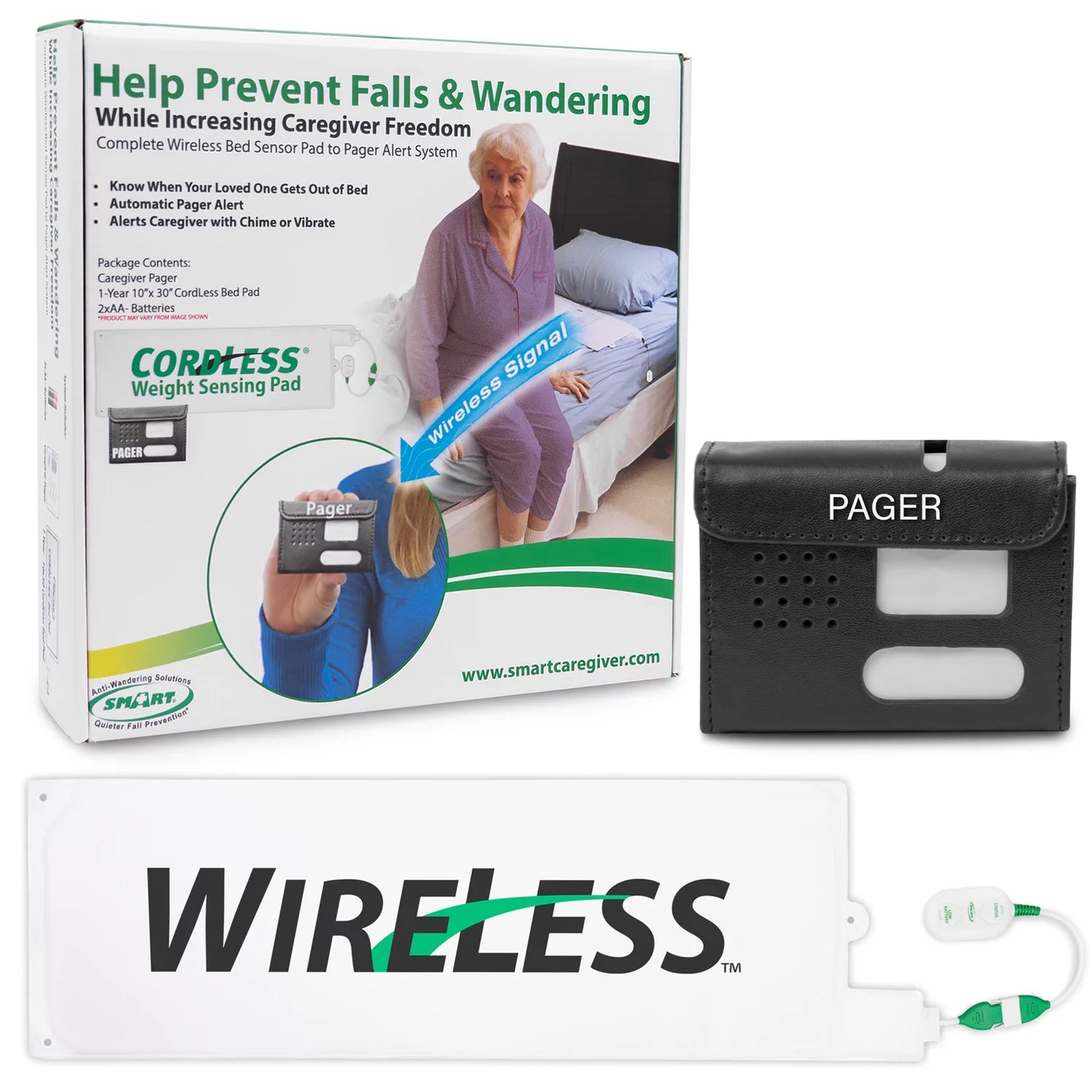 Smart caregiver wireless bed pad alarm system with weight sensor and pager for fall prevention | 10" x 30" alarm pad for bed alerts medical caregiver | cordless bed alarm with up to 300' range