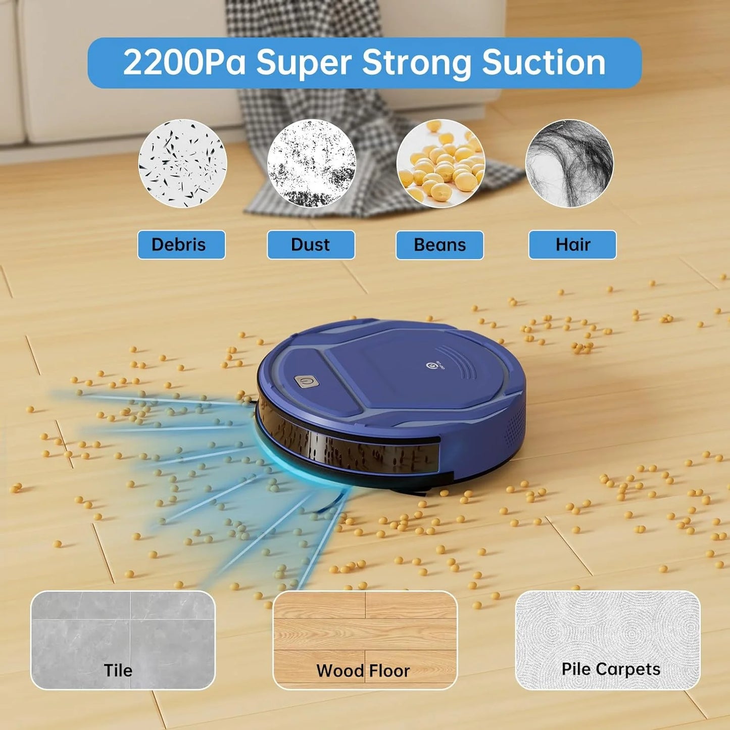 Robot vacuum cleaner, tangle-free 2200pa suction, slim, low noise, app control, 120 mins runtime, automatic self-charging robotic vacuum, ideal for pet hair hard floor and daily cleaning