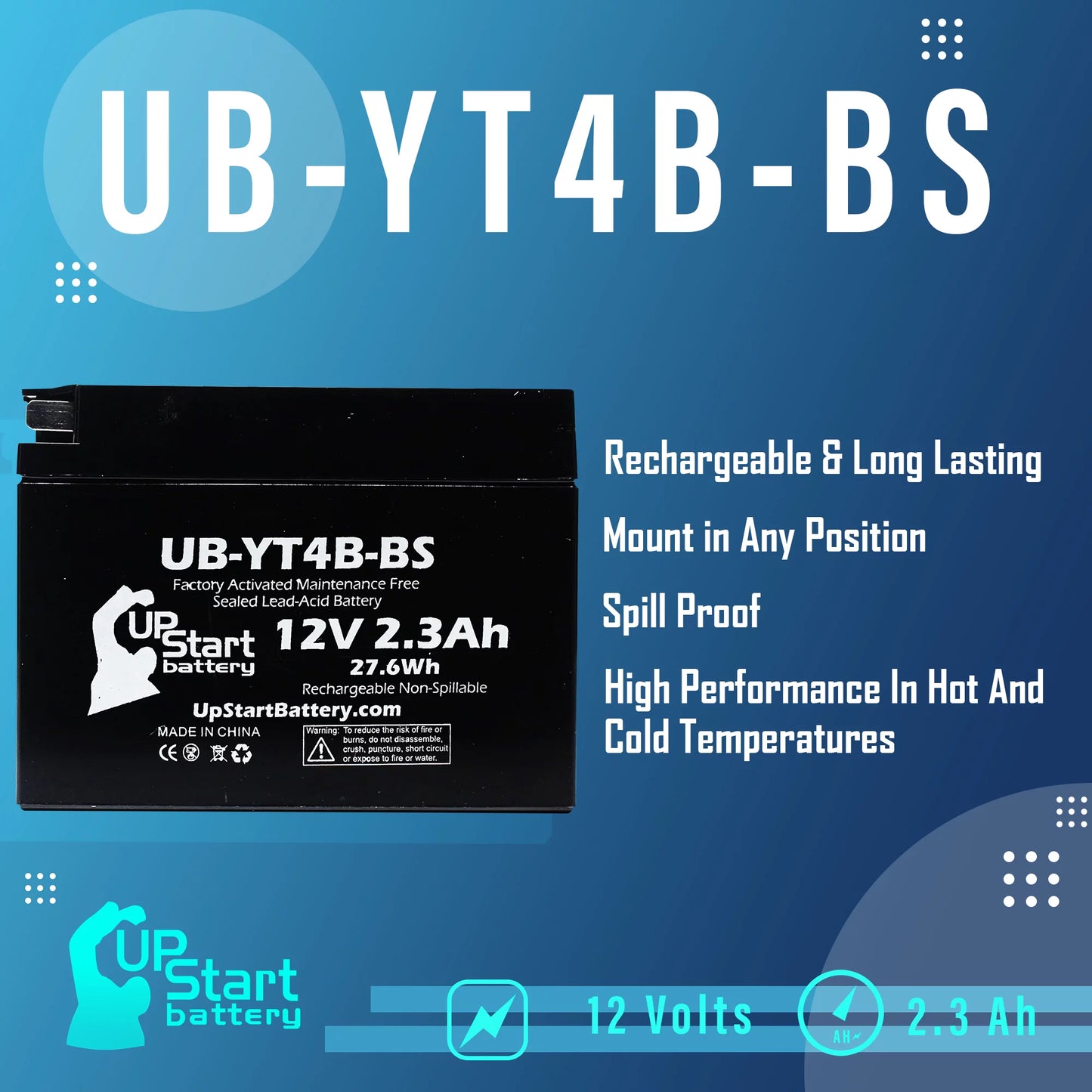 2-pack upstart battery replacement 2009 yamaha sr400 400cc factory activated, maintenance free, motorcycle battery - 12v, 2.3ah, ub-yt4b-bs