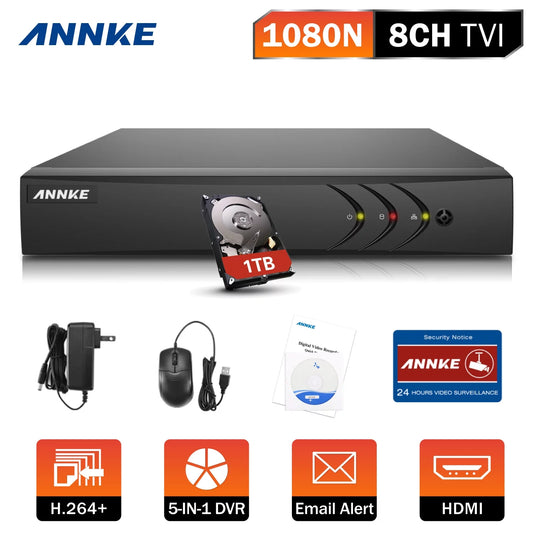 Annke 8-channel hd-tvi 1080n security video dvr, h.264+ video compression for bandwidth efficiency,motion detection, email alert with snapshots, remote access