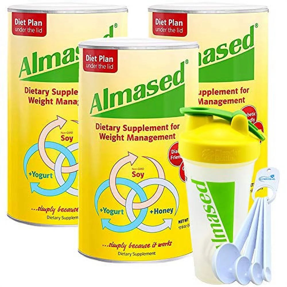 Almased powder multi protein meal replacement shake 17.6 oz bundle with a shaker bottle and lumintrail measuring spoon set (3 pack)