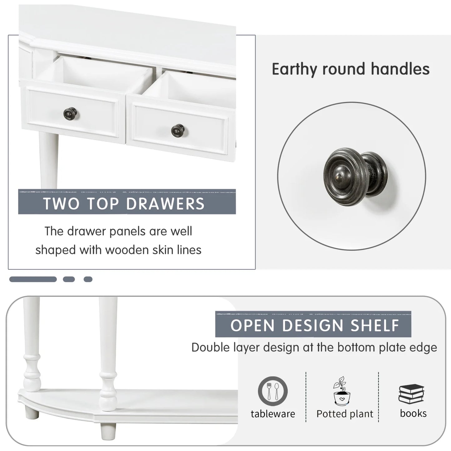 Trexm retro circular curved design console table with open style shelf solid wooden frame and legs two top drawers (white  old sku  wf298768aak)