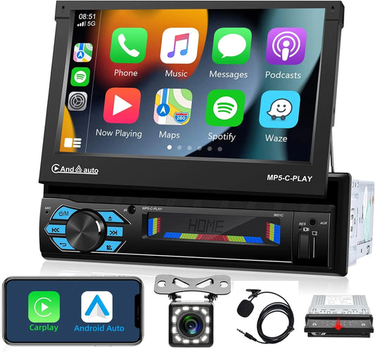 Thonzer carplay car stereo with android auto bluetooth,7 inch flip out touchscreen car radio,car audio receivers support phone mirror link,with fm radio/backup camera/usb tf aux-in port